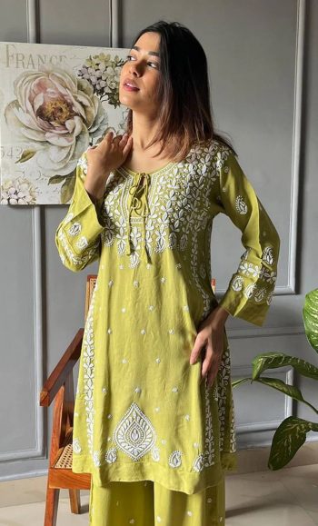 FANCY RAYON EMBROIDERY WORK KURTI PALAZZO SET GREEN