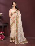 FANCY SOFT NET CHIKANKARI EMBROIDERY WITH PIPING BORDER WORK SAREE WITH UNSTITCHED BLOUSE CREAM