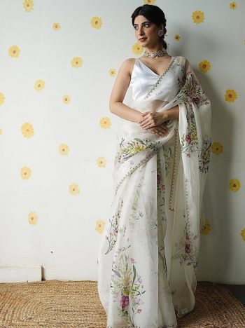 FANCY TABBY SILK FLORAL PRINT WITH BEADS, SEQUENCE AND CUT DANA HANDWORK SAREE WITH UNSTITCHED BLOUSE WHITE