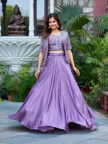 FANCY VICHITRA EMBROIDERY THARED WORK LEHENGA CHOLI WITH KOTI LAVENDER