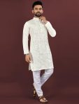 FANCY VISCOSE SILK EMBROIDERY SEQUENCE WORK MEN'S KURTA PAYJAMA WHITE