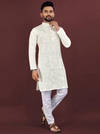 FANCY VISCOSE SILK EMBROIDERY SEQUENCE WORK MEN'S KURTA PAYJAMA WHITE
