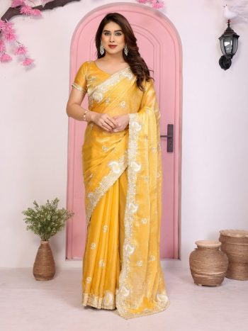LATEST CHIFFON SILK EMBROIDERY WITH PIPING BORDER WORK SAREE WITH UNSTITCHED BLOUSE YELLOW