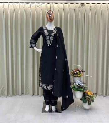 LATEST RAYON SLUB COTTON EMBROIDERY WITH KODI LATKAN LACE WORK TOP BOTTOM WITH DUPATTA BLACK