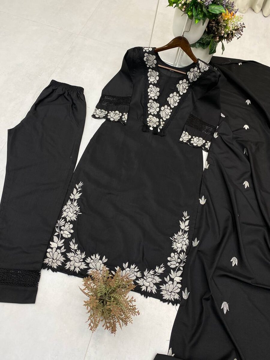 1LATEST RAYON SLUB COTTON EMBROIDERY WITH KODI LATKAN LACE WORK TOP BOTTOM WITH DUPATTA OFFICE WEAR WHOLESALE PRICE ETHNIC GARMENT (9)
