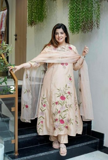 MODERN CHANDERI EMBROIDERY WORK TOP BOTTOM WITH DUPATTA CREAM