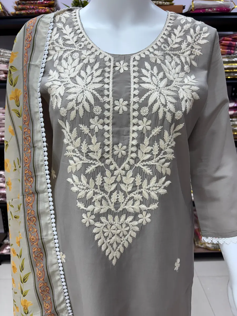 1MODERN CHANDERI SILK CHIKANKARI WORK TOP BOTTOM WITH DUPATTA FESTIVE WEAR WHOLESALE PRICE ETHNIC GARMENT (17)