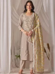 MODERN CHANDERI SILK CHIKANKARI WORK TOP BOTTOM WITH DUPATTA GREY