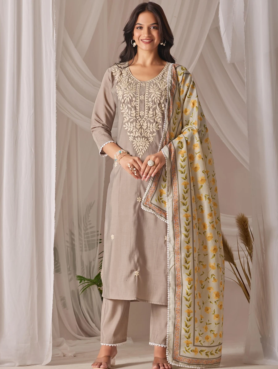 1MODERN CHANDERI SILK CHIKANKARI WORK TOP BOTTOM WITH DUPATTA FESTIVE WEAR WHOLESALE PRICE ETHNIC GARMENT (21)