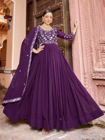 MODERN GAUX BLOOMING ZARI-SEQUENCE & EMBROIDERY WORK GOWN WITH DUPATTA WINE