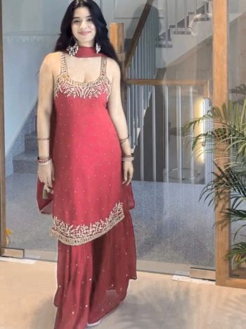 MODERN GEORGETTE BEADS WITH THREAD & SEQUENCE WORK TOP SHARARA WITH DUPATTA GAJARI