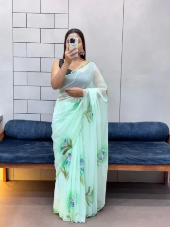 MODERN GEORGETTE HANDPAINT FLOWER PRINT PANEL WORK WITH CUT DANA HANDWORK SAREE WITH UNSTITCHED BLOUSE SKY