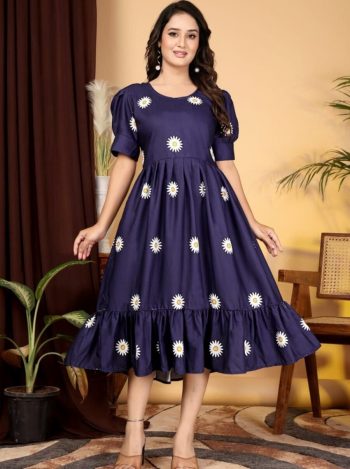 MODERN RAYON SLUB PRINTED WORK ONE PIECE NAVY BLUE
