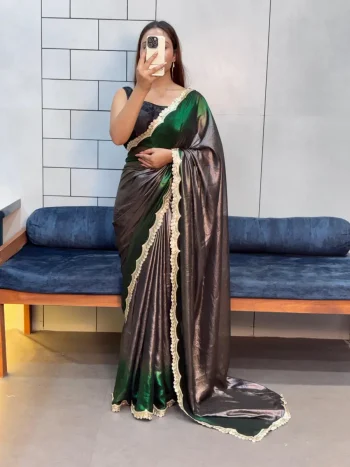 MODERN SHIMMER EMBROIDERY CODING LACE CUT WORK SAREE WITH UNSTITCHED BLOUSE GREEN