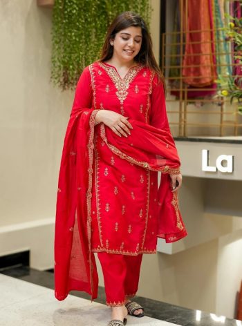 MODERN VISCOSE CHANDERI SEQUENCE CODING EMBROIDERY WORK TOP BOTTOM WITH DUPATTA RED