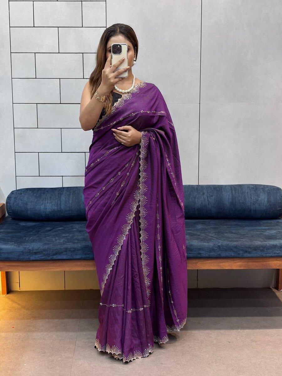 1NEW ARRIVAL CHOCOLATE NC DAIMOND WORK WITH CUT WORK AND HAND WORK SAREE WITH UNSTITCHED BLOUSE PARTY WEAR WHOLESALE PRICE ETHNIC GARMENT (2)