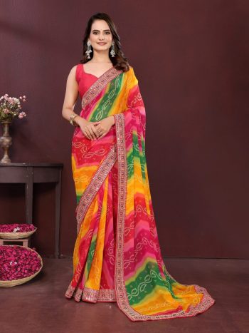 NEW ARRIVAL GEORGETTE DIGITAL PRINT WITH EMBROIDERY WORK BORDER WORK SAREE WITH UNSTITCHED BLOUSE  MULTI