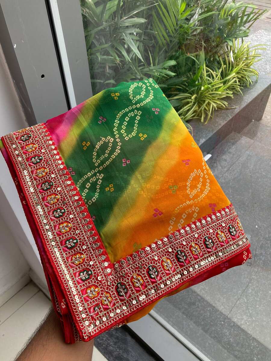 1NEW ARRIVAL GEORGETTE DIGITAL PRINT WITH EMBROIDERY WORK BORDER WORK SAREE WITH UNSTITCHED BLOUSE FESTIVE WEAR WHOLESALE PRICE ETHNIC GARMENT (8)