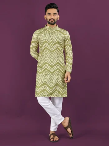 NEW ARRIVAL RAYON LAHERIYA DIGITAL PRINT AND CROCHET EMBROIDERY WORK MEN'S KURTA PAYJAMA GREEN
