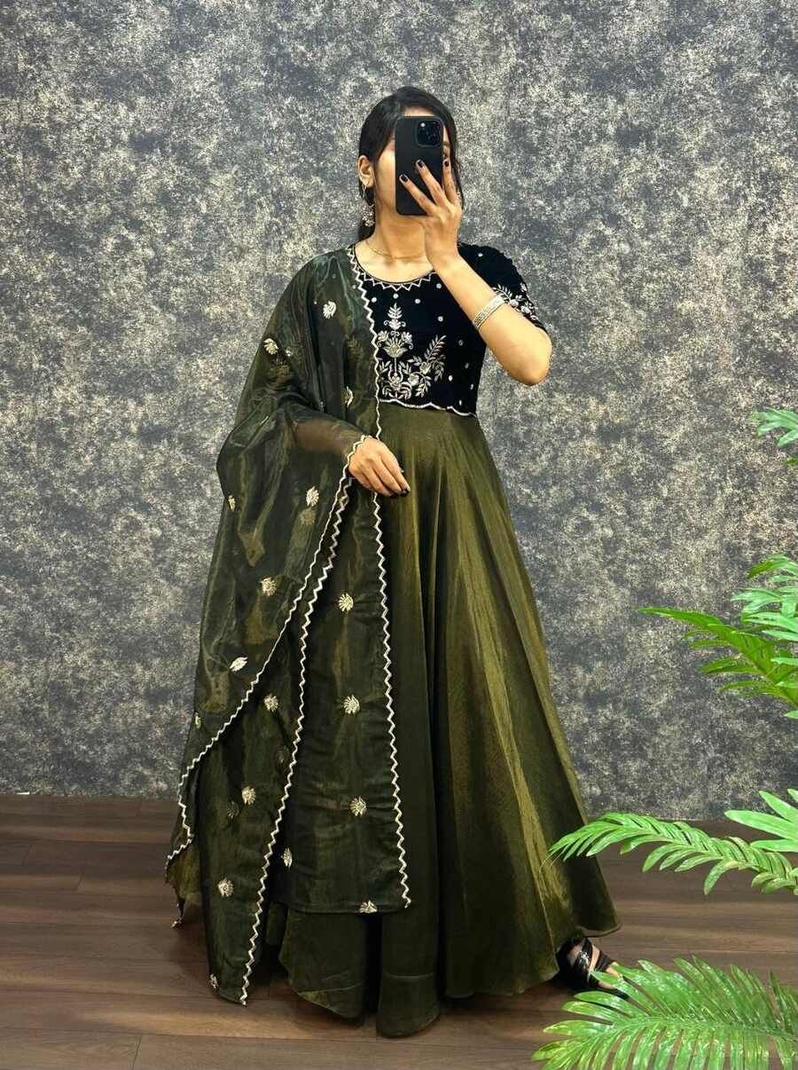 1NEW ARRIVAL VELVET WITH TISSUE NET EMBROIDERY WORK GOWN WITH DUPATTA FESTIVE WEAR WHOLESALE PRICE ETHNIC GARMENT (14)