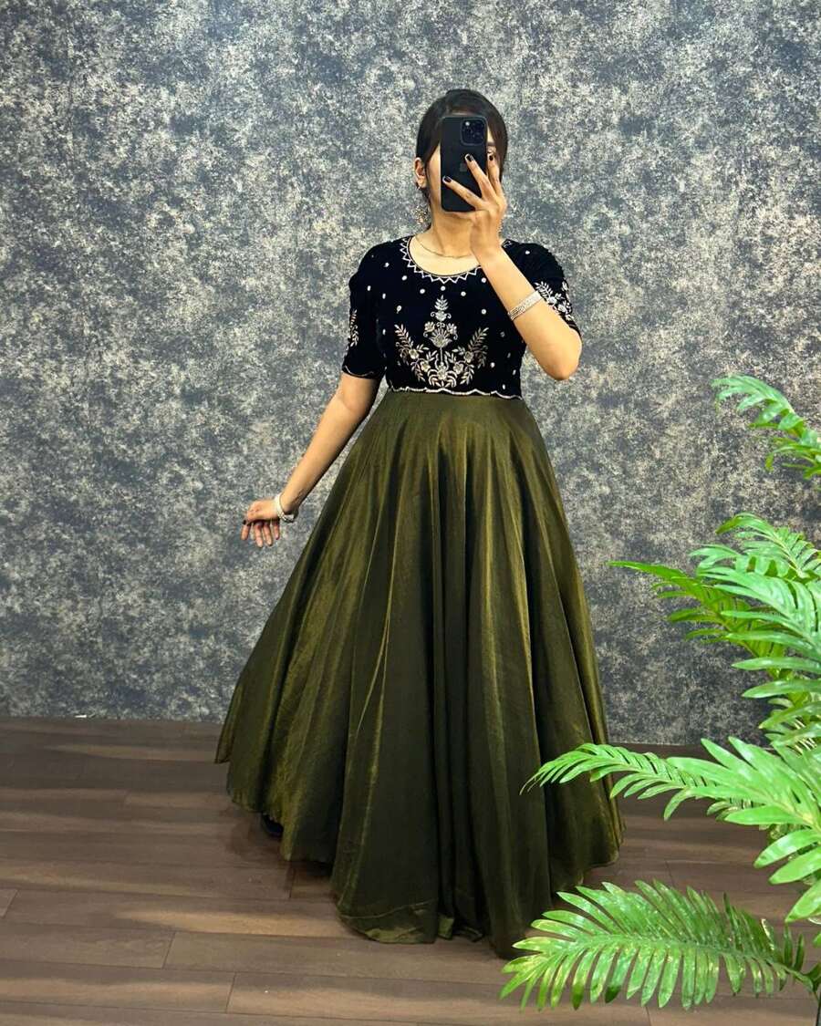1NEW ARRIVAL VELVET WITH TISSUE NET EMBROIDERY WORK GOWN WITH DUPATTA FESTIVE WEAR WHOLESALE PRICE ETHNIC GARMENT (15)