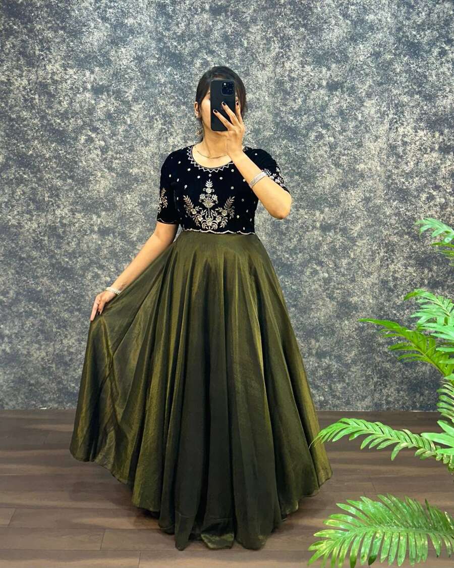 1NEW ARRIVAL VELVET WITH TISSUE NET EMBROIDERY WORK GOWN WITH DUPATTA FESTIVE WEAR WHOLESALE PRICE ETHNIC GARMENT (16)