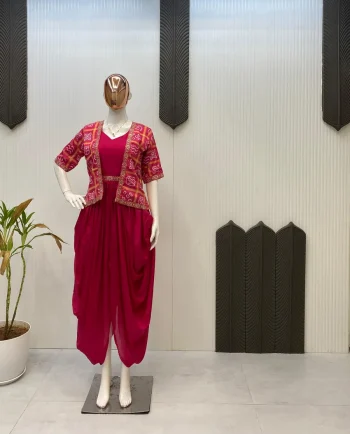 RICH LOOK CHINON SEQUENCE MBROIDERY LACE WORK ONE PIECE DHOTI STYLE WITH KOTI PINK