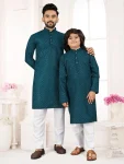 RICH LOOK COTTON RAYON MACHINE EMBROIDERY WORK FATHER SON COMBO SET TEAL