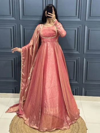 RICH LOOK FENDY SILK EMBROIDERY BEADS WORK GOWN WITH DUPATTA  PEACH