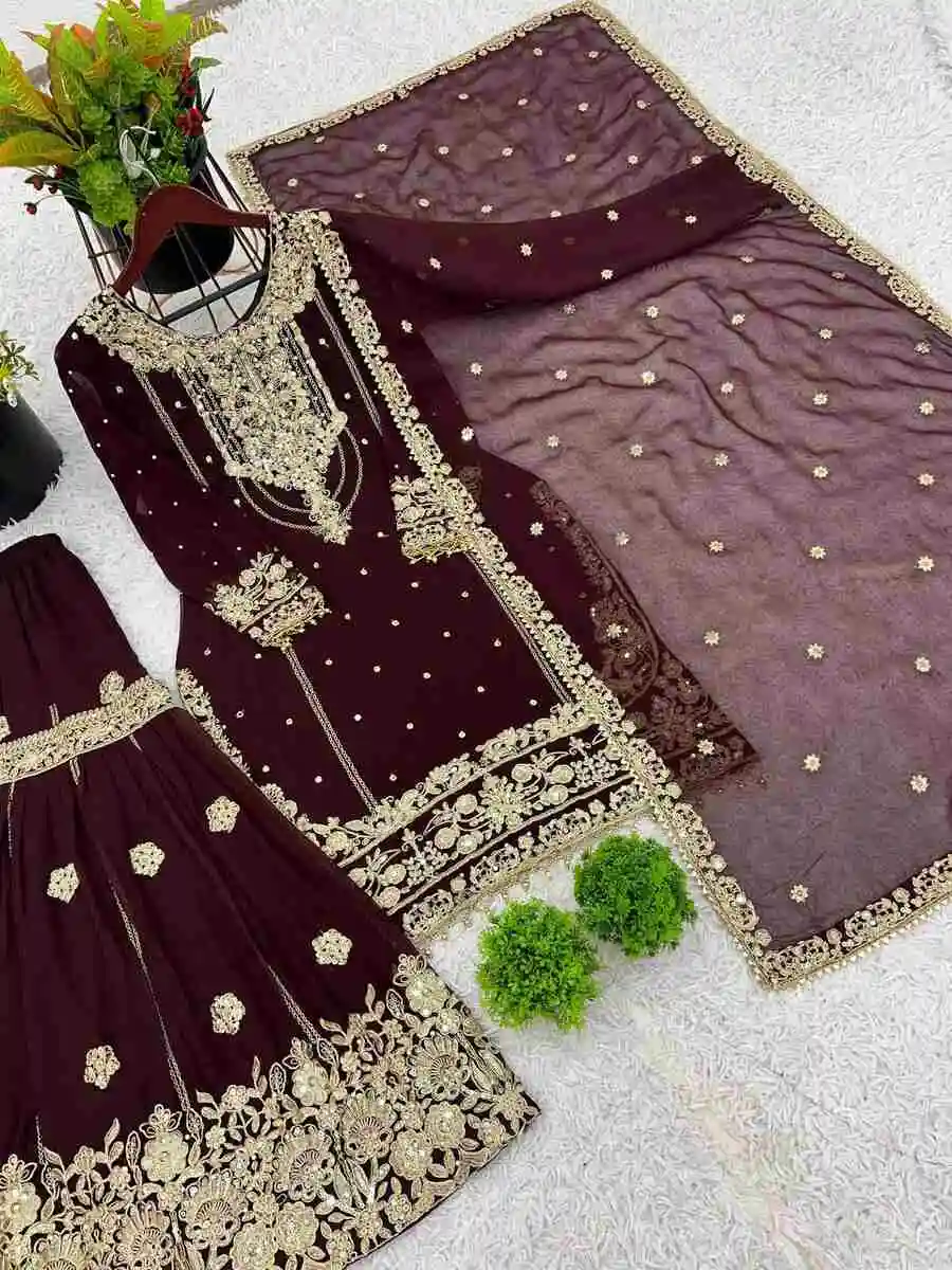 1RICH LOOK GEORGETTE EMBROIDERY CODING DORI-SEQUENCE WORK WITH RIVET MOTI WORK TOP SHARARA WITH DUPATTA FESTIVE WEAR WHOLESALE PRICE ETHNIC GARMENT (11)