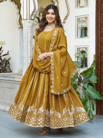 RICH LOOK GEORGETTE SEQUENCE EMBROIDERY WORK GOWN WITH DUPATTA  MUSTARD
