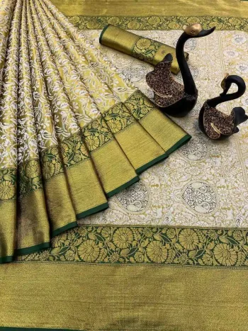 RICH LOOK KANJIVARAM SILK MINA WEAVING & CONTRAST BORDER & CONTRAST GOLD ZARI WORK SAREE WITH UNSTITCHED BLOUSE GREEN