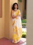 RICH LOOK LINEN COTTON DIGITAL PRINTED SAREE WITH UNSTITCHED BLOUSE YELLOW