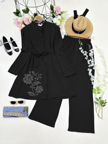 RICH LOOK RAYON DIAMOND WORK WITH FANCY BELT AND KURTI PALAZZO SET BLACK