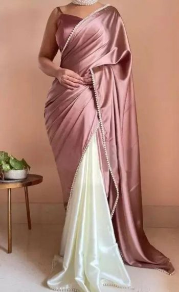 RICH LOOK SATIN PEARL LACE BORDER WORK SAREE WITH UNSTITCHED BLOUSE LAVENDER