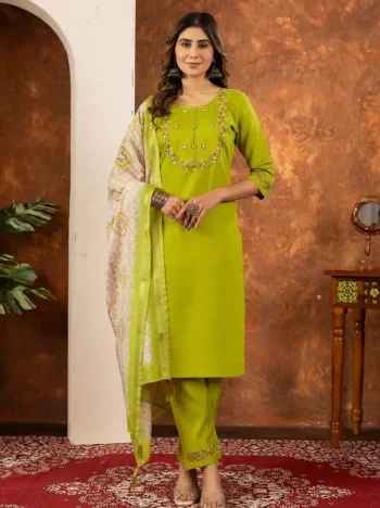 DESIGNER MARINA SILK MULTI EMBROIDERY THREAD WITH HAND WORK TOP BOTTOM WITH DUPATTA PARROT GREEN