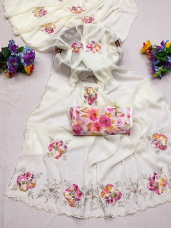 FANCY GEORGETTE HAND WORK PATCH BUTTA WORK SAREE WITH UNSTITCHED BLOUSE WHITE