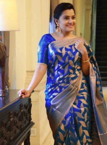 DESIGNER LICHI SILK JACQUARD WORK SAREE WITH UNSTITCHED BLOUSE BLUE