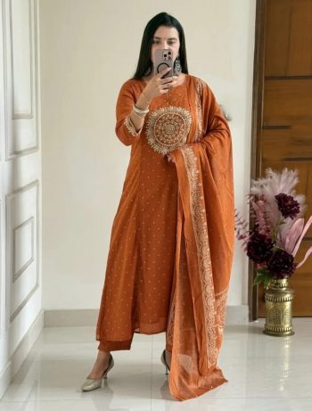 RICH LOOK MUL COTTON FLORAL EMBROIDERY AND MATCHING PRINTED WORK TOP BOTTOM WITH DUPATTA ORANGE