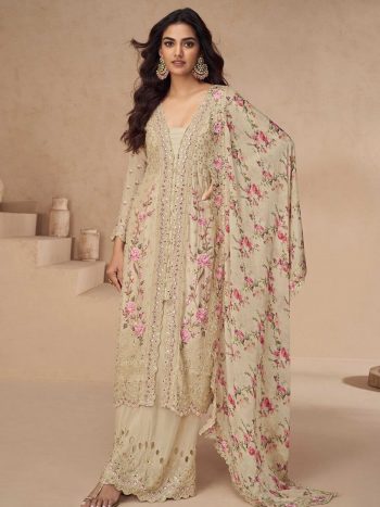 DESIGNER AIRTEX CHINON EMBROIDERY SEQUENCE WORK WITH MIRROR AND DIAMOND WORK TOP PALAZZO WITH DUPATTA OFF WHITE