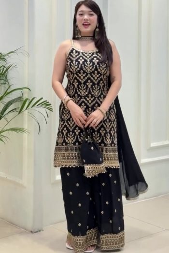 DESIGNER GEORGETTE EMBROIDERY SEQUENCE WORK WITH FANCY LATKAN WORK TOP PALAZZO WITH DUPATTA BLACK