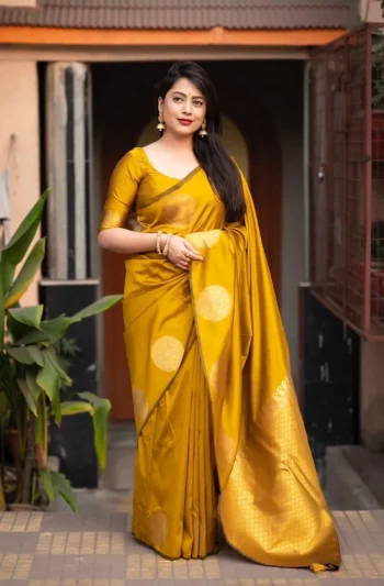 DESIGNER LICHI SILK JACQUARD WORK SAREE WITH UNSTITCHED BLOUSE YELLOW