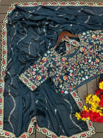 DESIGNER RANGOLI SILK EMBROIDERY SEQUENCE WITH MULTI THREAD WORK AND CUT WORK BORDER SAREE WITH STITCHED BLOUSE TEAL