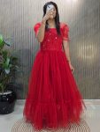 DESIGNER SOFT NET FABRIC WITH DESIGNER NET WORK MIDI DRESS RED