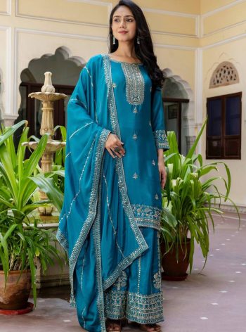 FANCY CHINON SILK EMBROIDERY SEQUENCE ZARI WOEK TOP PALAZZO WITH DUPATTA RAMA