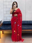 FANCY GEORGETTE HANDPAINT FLOWER PRINT PANEL WORK WITH CUT DANA HANDWORK SAREE WITH UNSTITCHED BLOUSE RED