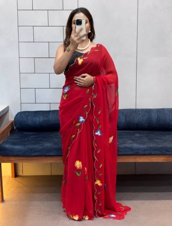 FANCY GEORGETTE HANDPAINT FLOWER PRINT PANEL WORK WITH CUT DANA HANDWORK SAREE WITH UNSTITCHED BLOUSE RED