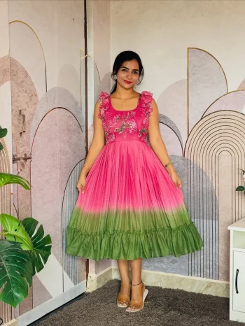 FANCY MUL MUL COTTON PRINTED WITH MAGGAM WORK ONE PIECE PINK