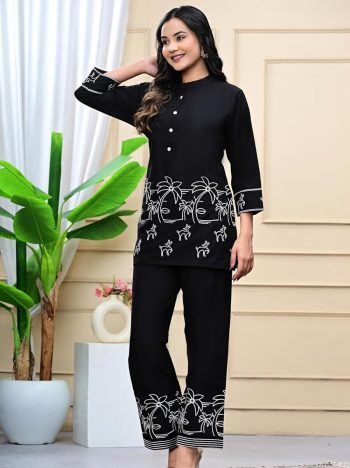 FANCY RAYON SILK EMBROIDERY WORK CO-ORD SET BLACK