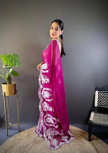 FANCY THAI ORGANZA SILK THREAD EMBROIDERY WORK WITH CUTWORK BORDER SAREE WITH UNSTITCHED BLOUSE RANI